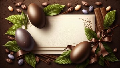 Poster - Card illustration for the easter holiday, easter chocolate eggs. Generative AI