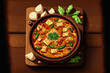 Indian Mutter paneer dish with spices on the wooden background. Generative AI