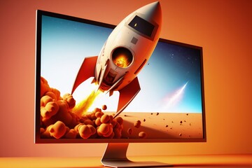 Rocket on computer monitor screen, startup concept, orange background. Generative AI