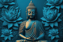 Buddha Statue Water Lotus Buddha Standing On Lotus Flower On Orange Background AI Generation