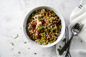 homemade lentil brown rice salad with vegetables | healthy eating concept, selective focus