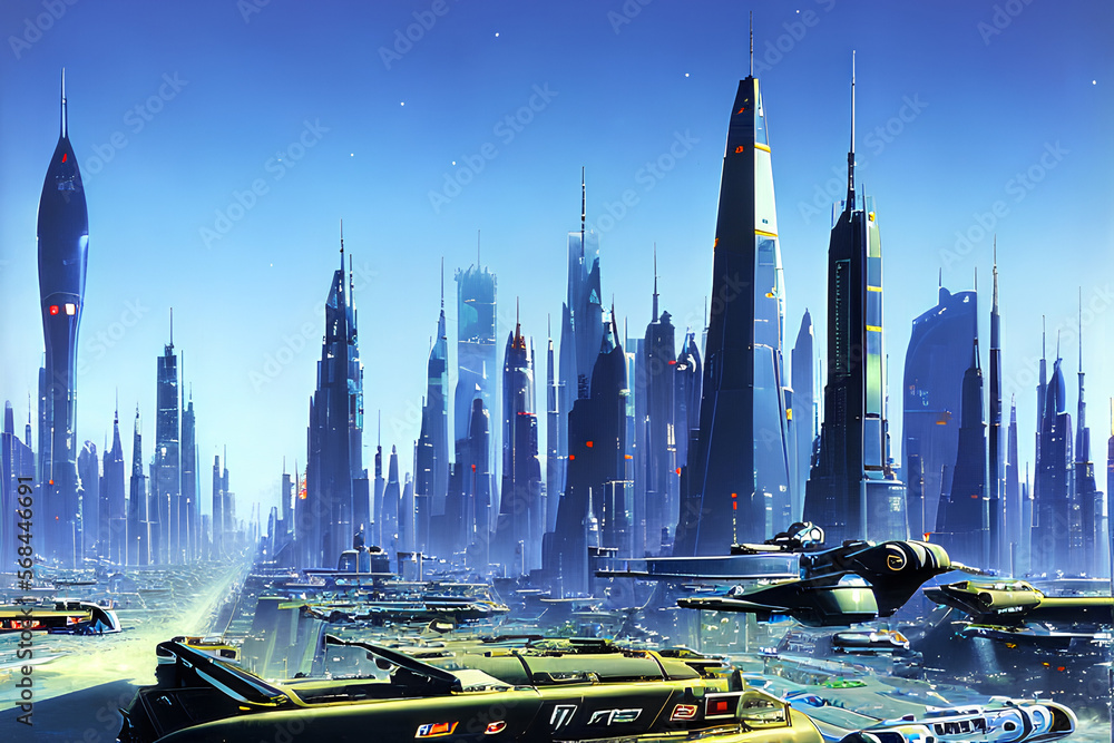 A futuristic city with flying cars and towering skyscrapers, Created ...