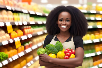 Beautiful black woman shopping for fruits and vegetables in supermarket. Illustration. generative ai