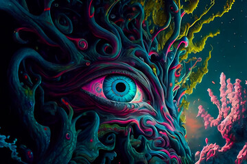 Wall Mural - horror poster. mystical head. psychedelic monster. generative ai.