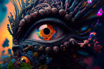 Wall Mural - horror poster. mystical head. psychedelic monster. generative ai.