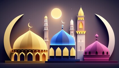 Islamic Ramadan Kareem banner, poster design. A night in Ramadan. A colorful mosque and a lantern with a glowing evening light. AI