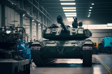 Military Factory weapon Battle tanks. Warehouse modern of army equipment. Industry line of war technology. Generation AI