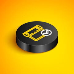 Sticker - Isometric line Calendar with check mark icon isolated on yellow background. Black circle button. Vector