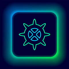 Sticker - Glowing neon line Bicycle sprocket crank icon isolated on black background. Colorful outline concept. Vector