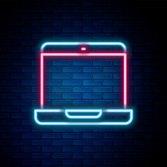 Sticker - Glowing neon line Laptop icon isolated on brick wall background. Computer notebook with empty screen sign. Colorful outline concept. Vector