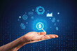 © Who is Danny - Looking for money concept with digital dollar sign in magnifying glass surrounded by stock market icons above man hand palm on abstract dark blue background