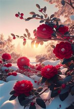 Bunch Of Red Flowers Sitting On Top Of A Snow Covered Ground. Generative Ai.