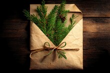Vintage Christmas Card With Christmas Decoration. Christmas Tree Twigs In Paper Envelope On Wooden Background, Generative AI
