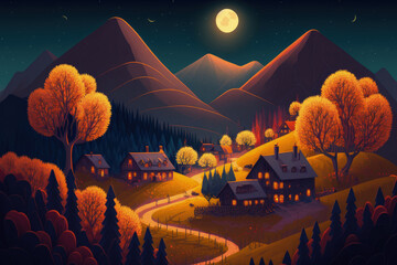 Wall Mural - Carpathian countryside at night in the autumn. town located in a valley near the mountain's base. Stunning countryside views in the light of the full moon. autumnal trees on the grassy hills