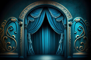 blue stage curtain with arch entrance, generative ai