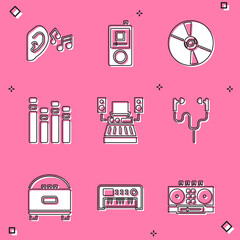 Wall Mural - Set Ear listen sound signal, Music player, CD or DVD disk, equalizer, recording studio, Air headphones, Stereo speaker and synthesizer icon. Vector