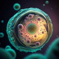 Wall Mural - cancer cell dividing and embryonic stem cells in the background. created with ai generation tools
