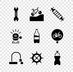 Poster - Set Wrench spanner, Mountain bicycle, Bicycle suspension, lock, sprocket crank, Sport bottle with water, bell and icon. Vector