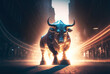 Bullish Prosperity: Illuminated Bull in Wall Street, Generative AI