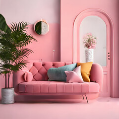 Wall Mural - Cozy modern living room interior with pink sofa and decoration room on a pink or white wall background, Generative AI
