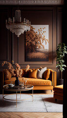 Wall Mural - Interior design of a romantic living room in Hamburg with a stunning ochre color scheme, warm and cozy sofa, pillows and a beautiful chandelier | Generative Ai |  Indoor décor 