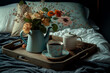 A tray with a jug of flowers and a cup of coffee, breakfast in bed, romantic, cosiness. Generative AI
