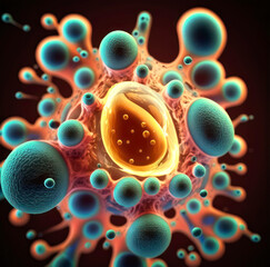 Wall Mural - cancer cell dividing and embryonic stem cells in the background. created with ai generation tools