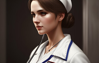 Wall Mural -  painting portrait of a European woman Nurse in outfit - Generative AI, fictitious person