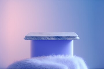 Wall Mural - Podium with faux fur and smoke in pastel color background created with generative AI