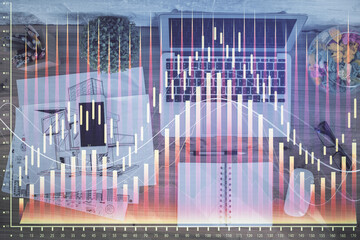 Fototapete - Multi exposure of financial chart drawing over table background with computer. Concept of research. Top view.