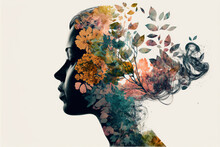 Abstract Contemporary Art Collage Portrait Of Young Woman With Flowers, Retro Colors.