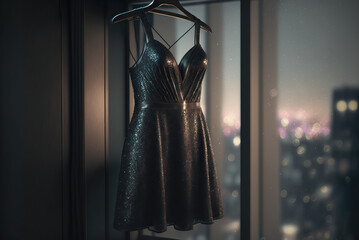 Beautiful black evening sparkly dress for wedding, party or prom hanging by the window on a hanger. Generative AI