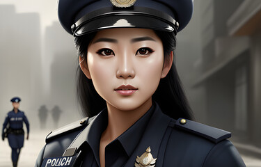 Wall Mural -  painting portrait of a Asian female Police Officer in outfit - Generative AI