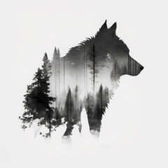 Naklejka na meble Duuble exposure head wolf and a forest. Generative AI illustration.