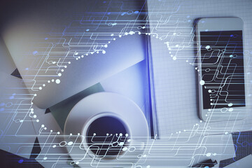 Aufkleber - Double exposure of technology theme drawing over work table desktop. Top view. Global data analysis concept.