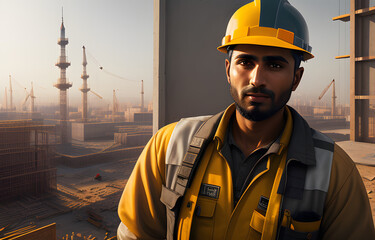 Wall Mural - a painting portrait of a muslim male Construction Worker in outfit - Generative AI