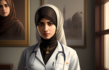 Wall Mural -  painting portrait of a muslim female Veterinarian in outfit - Generative AI