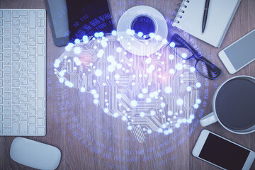 Fototapete - Multi exposure of brain drawing over work table desktop. Top view. Global data analysis concept.