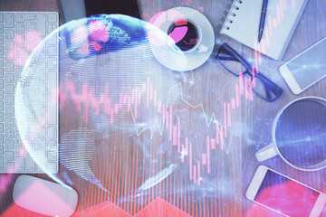 Fototapete - Double exposure of business theme hologram over desktop with phone. Top view. Mobile international trade connection concept.