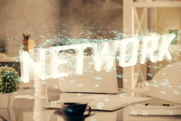Aufkleber - Double exposure of data theme drawing and office interior background. Concept of technology.