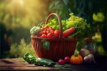 Generative AI Illustration Of Basket With Vegetables In The Sunny Garden