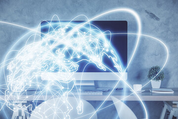 Fototapete - Double exposure of business theme drawing and office interior background. Concept of success