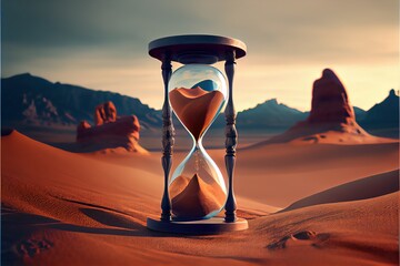 Generative AI illustration of hourglass on the nature background . Time of the earth.