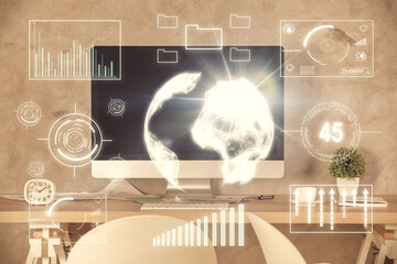 Wall Mural - Multi exposure of financial graph drawing and office interior background. Concept of market analysis.