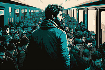 Wall Mural - A man commuting with a large crowd. Generative AI