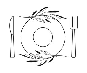 Wall Mural - Cutlery fork spoon and plate with plants. vector sketch. hand drawing isolated