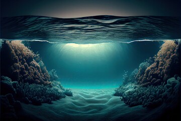 Wall Mural - Generative AI illustration of Ocean depth. Underwater empty landscape, ocean bottom, sea wave