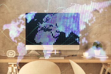 Fototapete - Double exposure of business theme drawing and office interior background. Concept of success