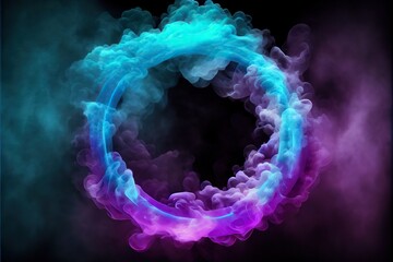 Wall Mural - Generative AI illustration of neon smoke exploding outwards with empty center. Dramatic smoke or fog effect for spooky, hot lighting ring circle