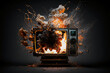 An old TV set explodes with fire and smoke. Generative AI